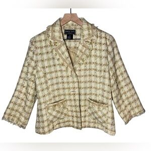 Robert Louis New York Women’s Tan Metallic Tweed Fringe Plaid Blazer Sz L